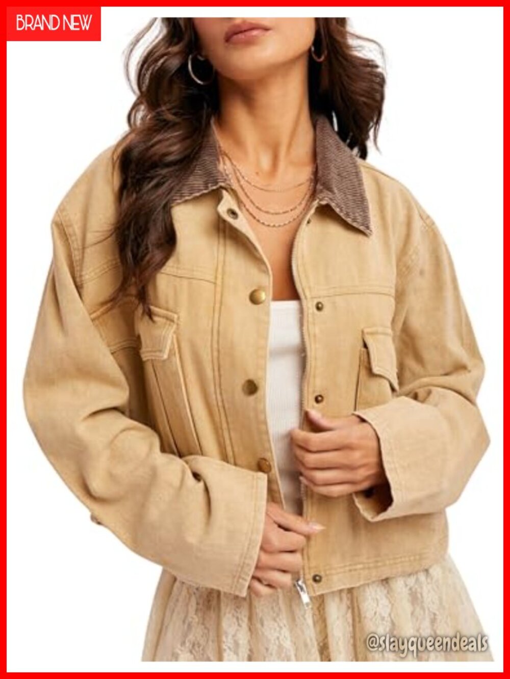Esmeling Women's Contrast Button Down Cropped Casual Jacket with Pockets